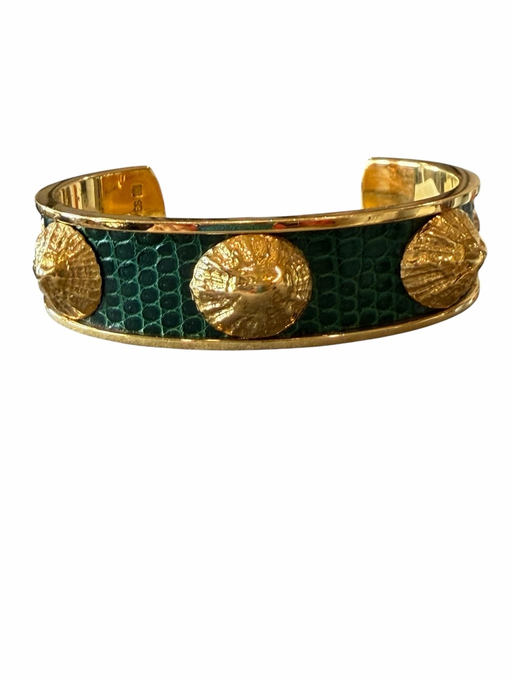 Hermes Gold-Tone Green Lizard-Texture Shell Cuff Bracelet